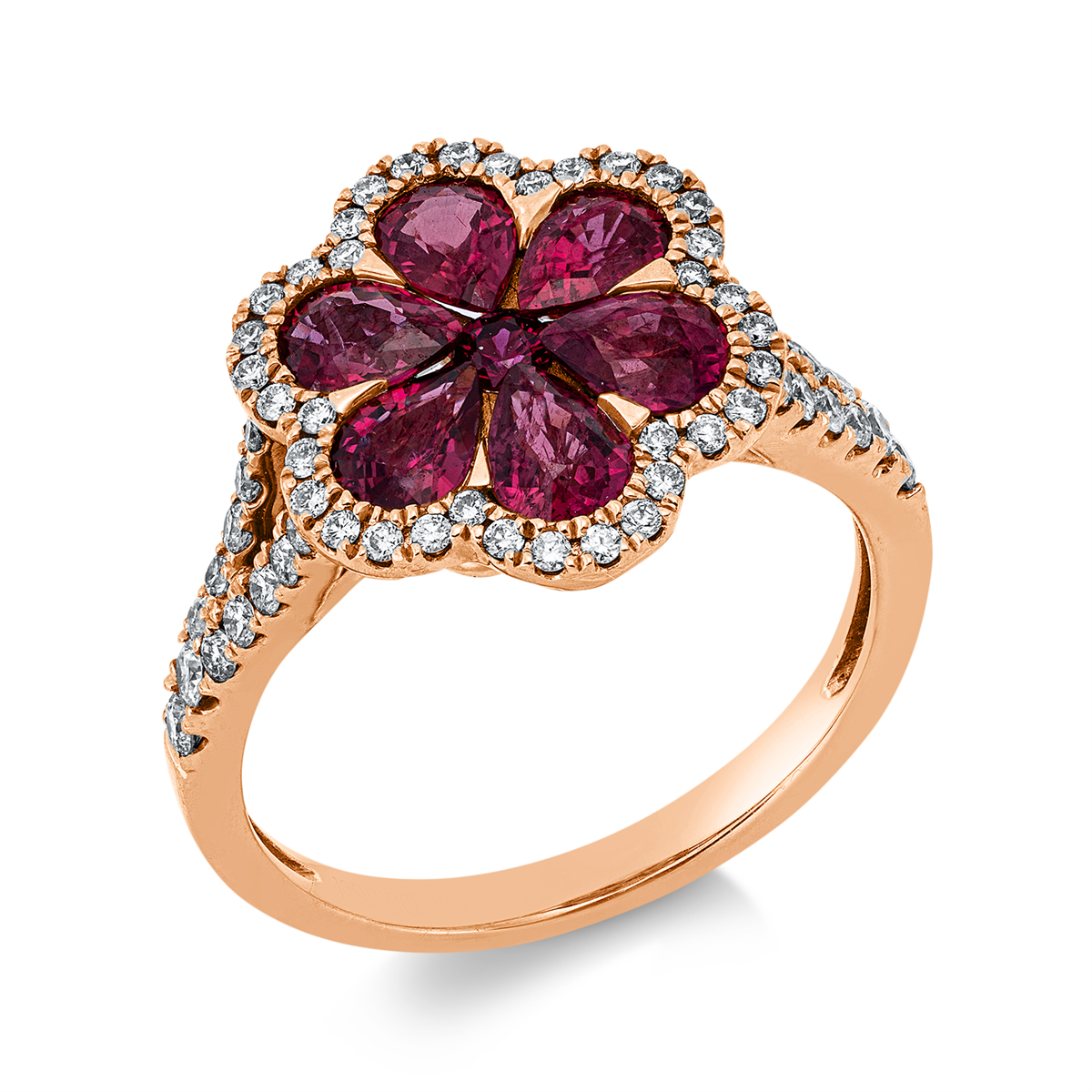 diamond full cut ruby colored stone classic ring in red gold