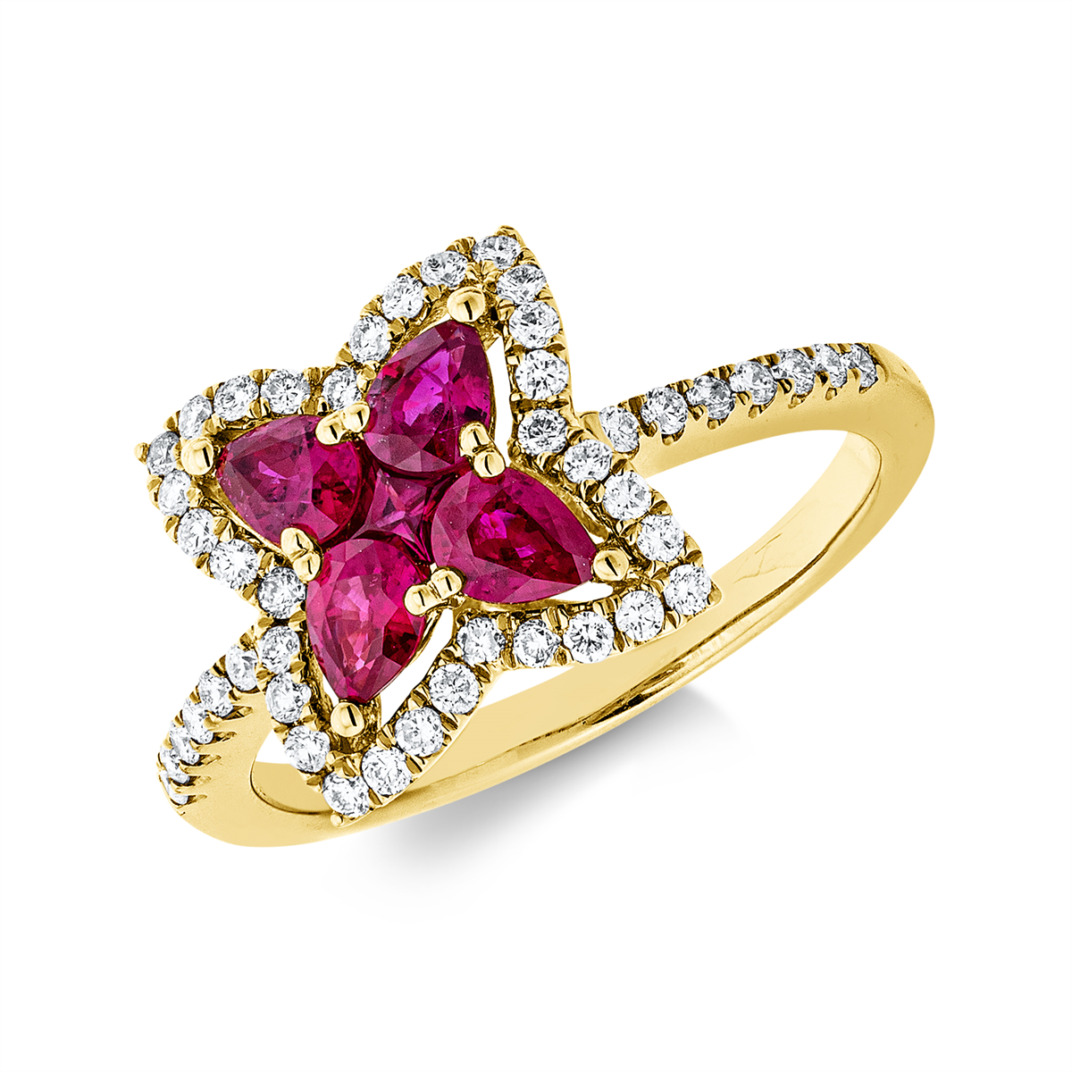 diamond full cut ruby colored stone classic ring in yellow gold