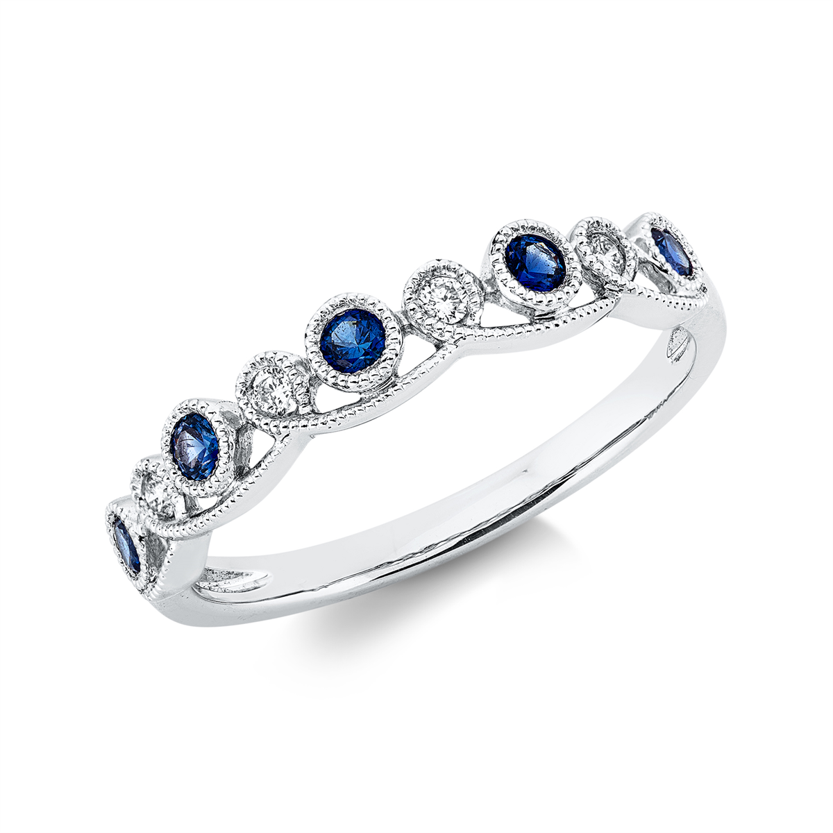 diamond full cut sapphire colored stone classic ring in white gold