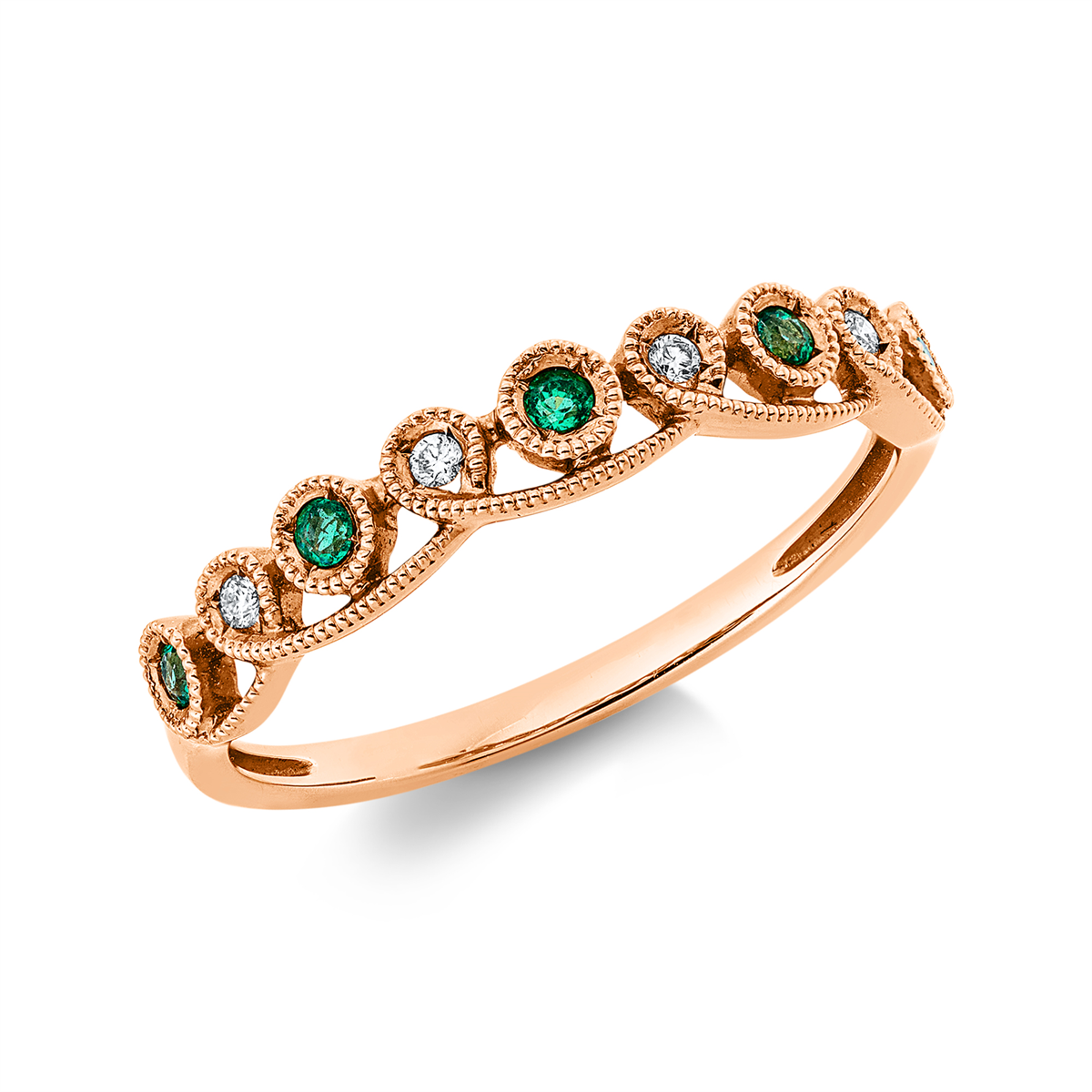 diamond full cut emerald colored stone classic ring in red gold