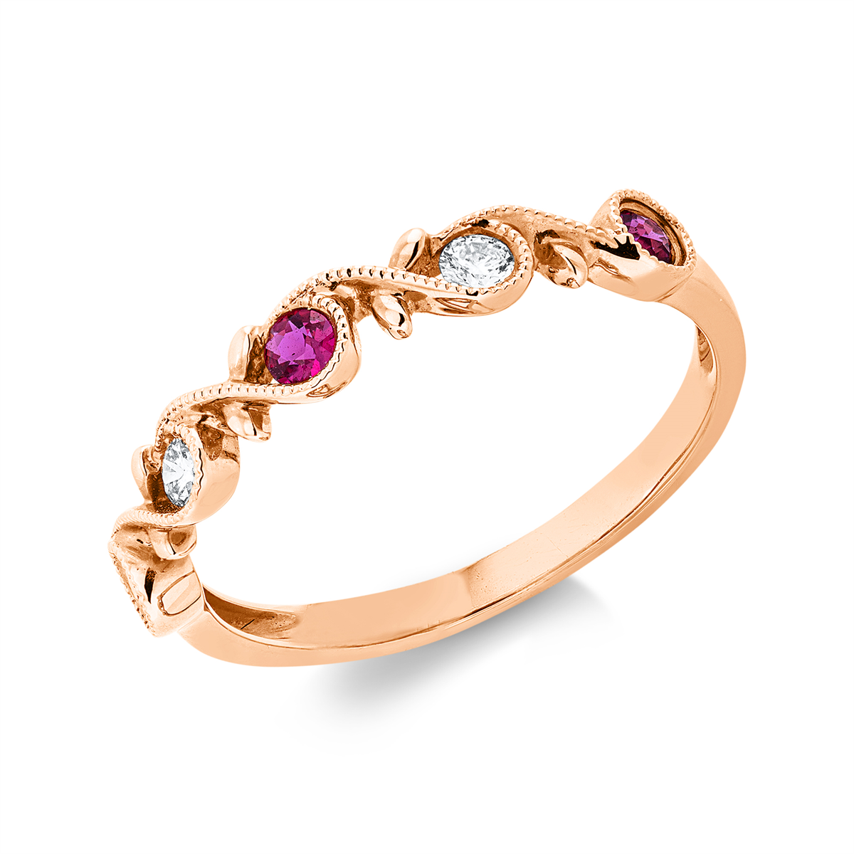 diamond full cut ruby colored stone classic ring in red gold