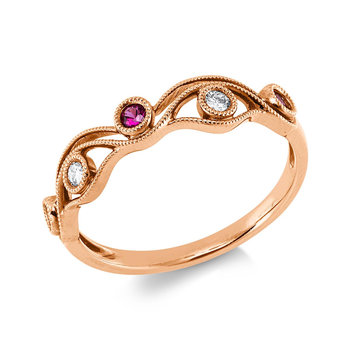 diamond full cut ruby colored stone classic ring in red gold