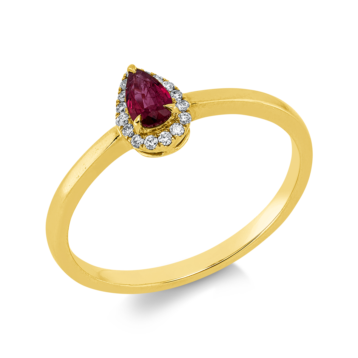 diamond full cut ruby colored stone classic ring in yellow gold