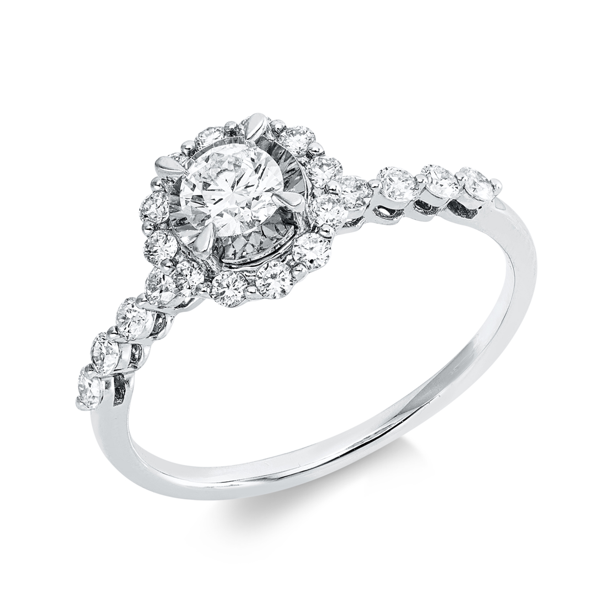 diamond full cut solitaire with accent stones ring in white gold