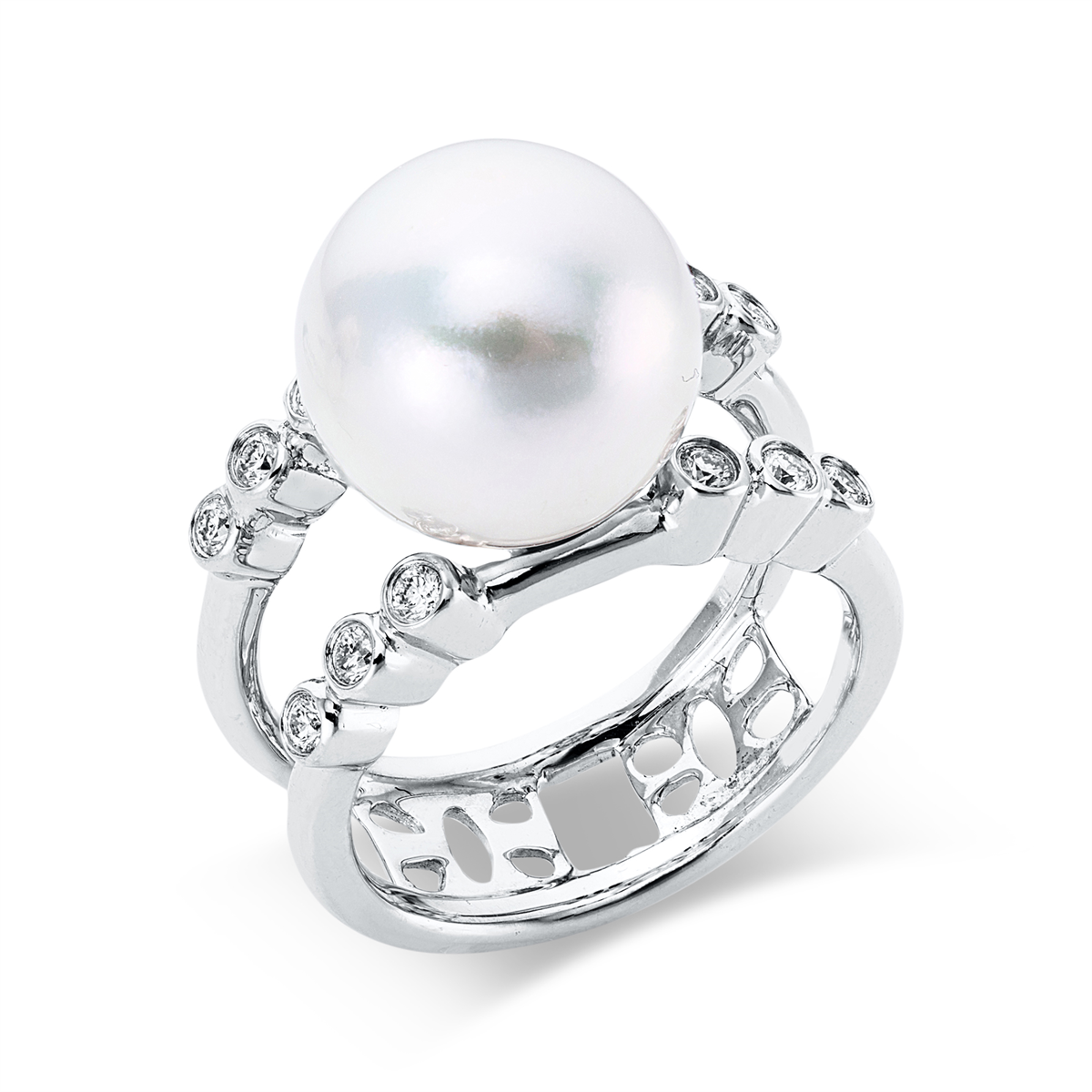 diamond full cut pearl ring in white gold