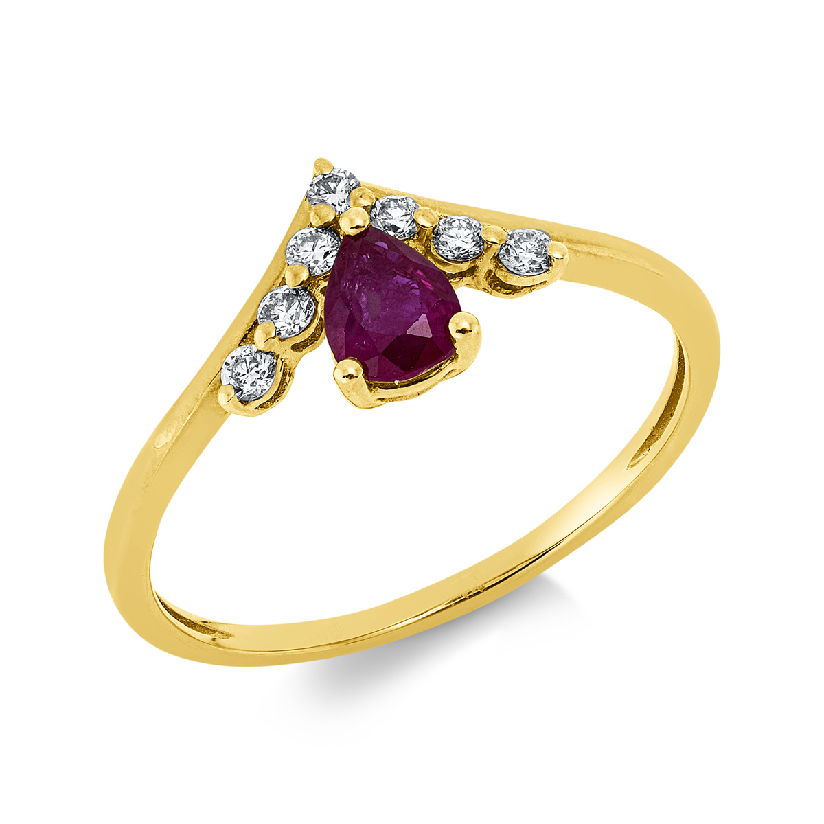 diamond full cut ruby colored stone classic ring in yellow gold
