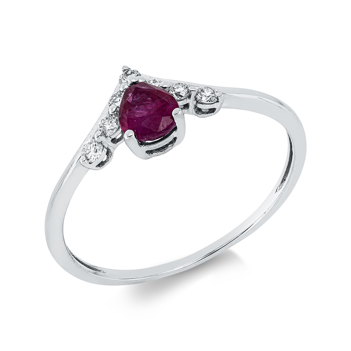 diamond full cut ruby colored stone classic ring in white gold