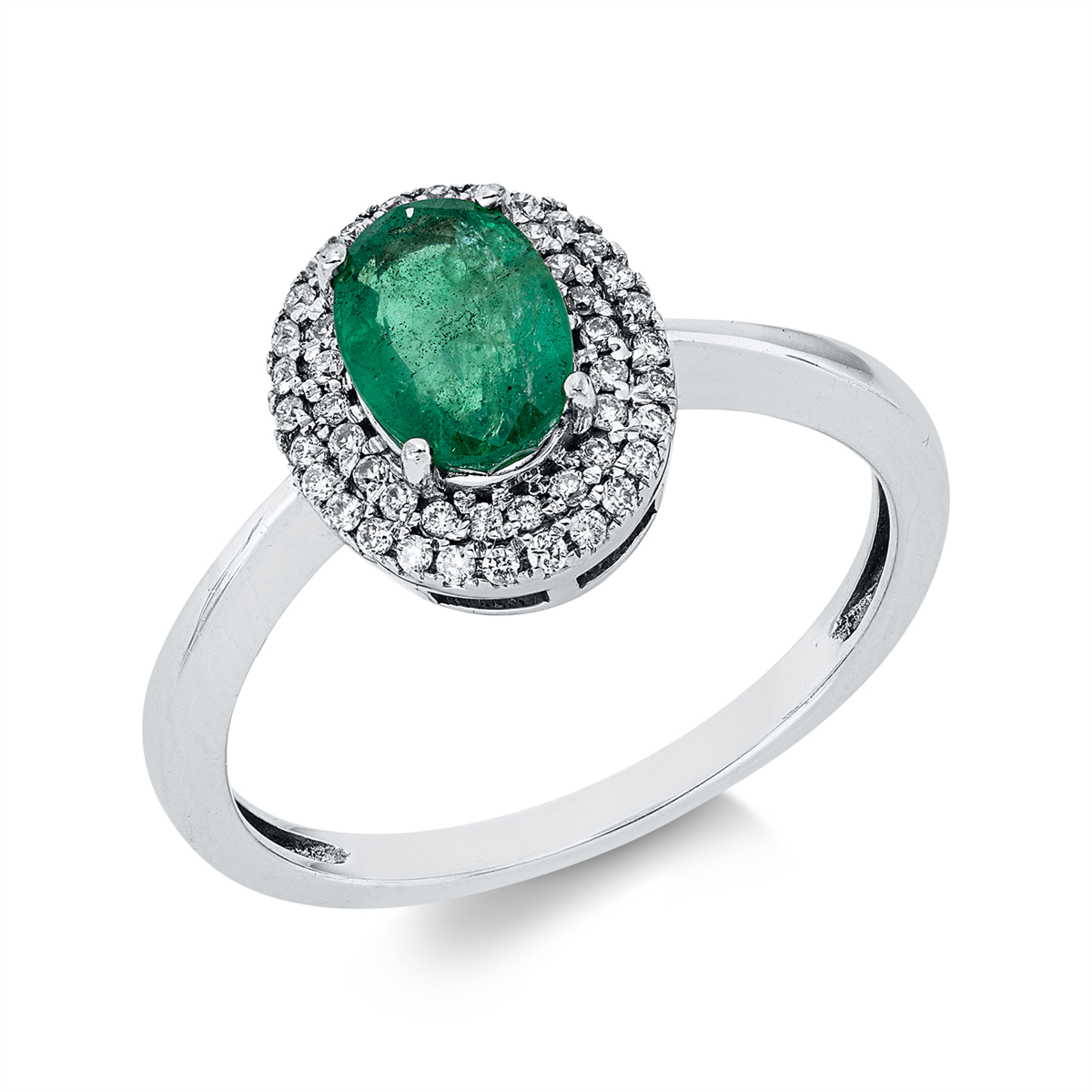 diamond full cut emerald colored stone classic ring in white gold