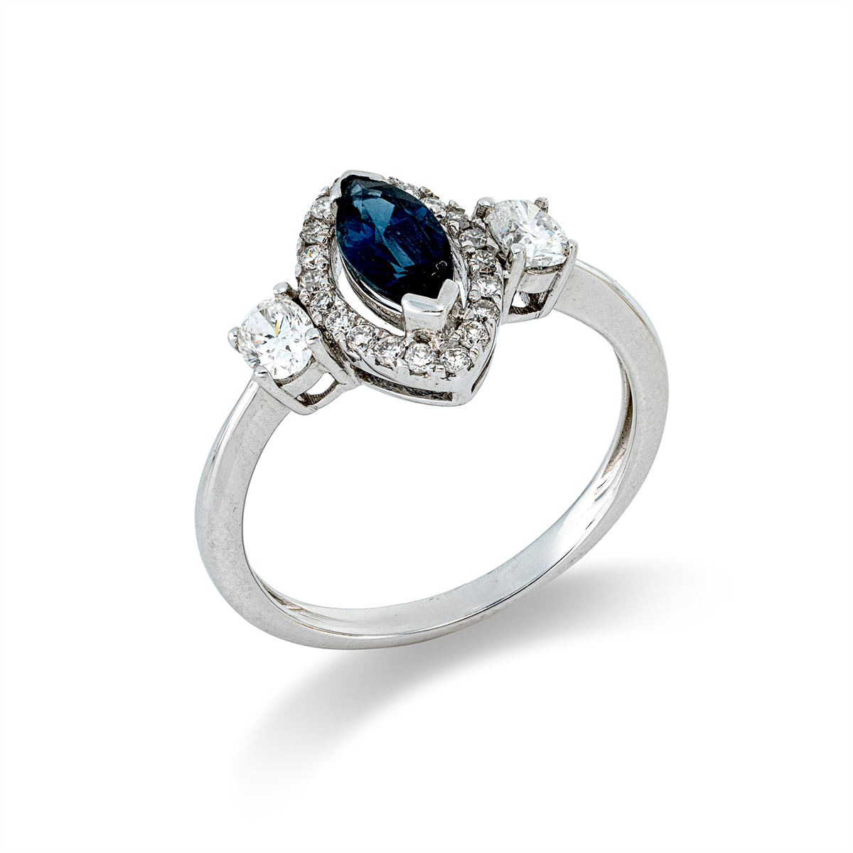 diamond full cut sapphire colored stone classic ring in white gold