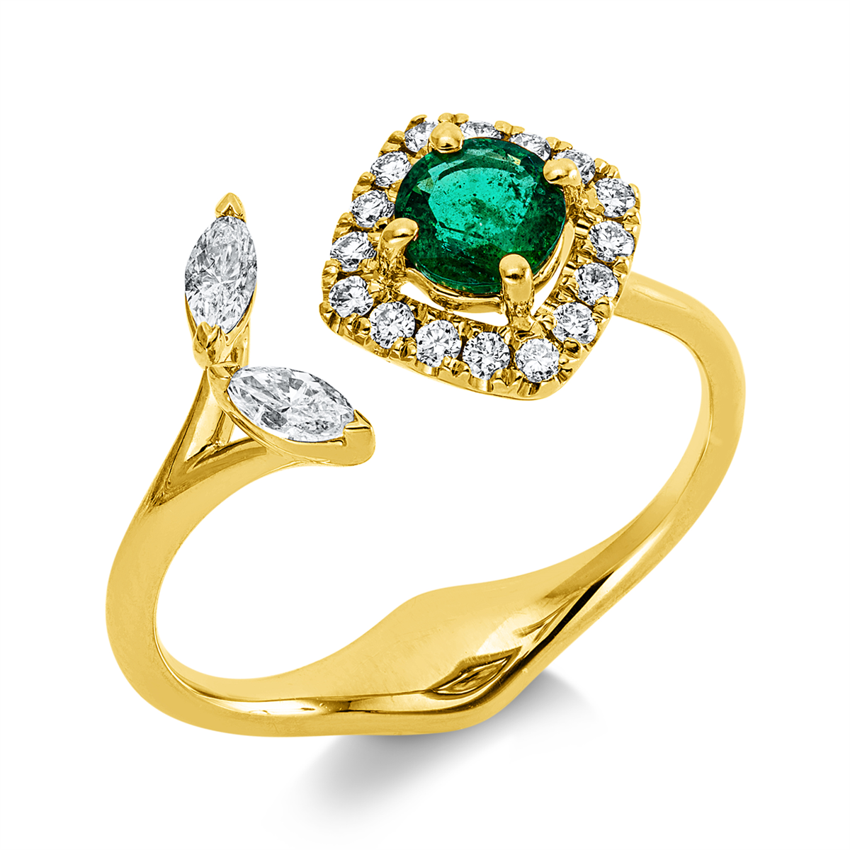 marquise emerald colored stone classic ring in yellow gold