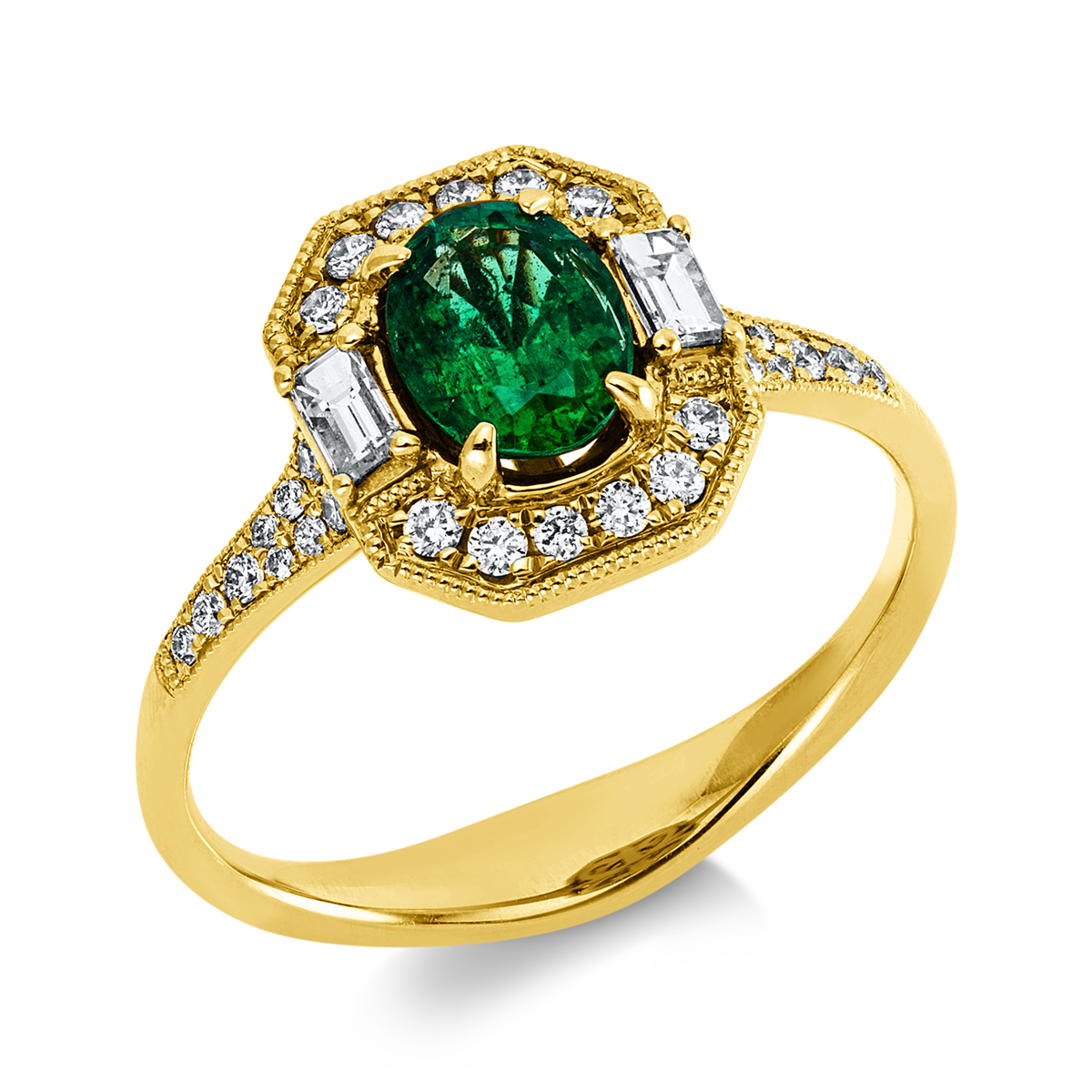 diamond full cut emerald colored stone classic ring in yellow gold