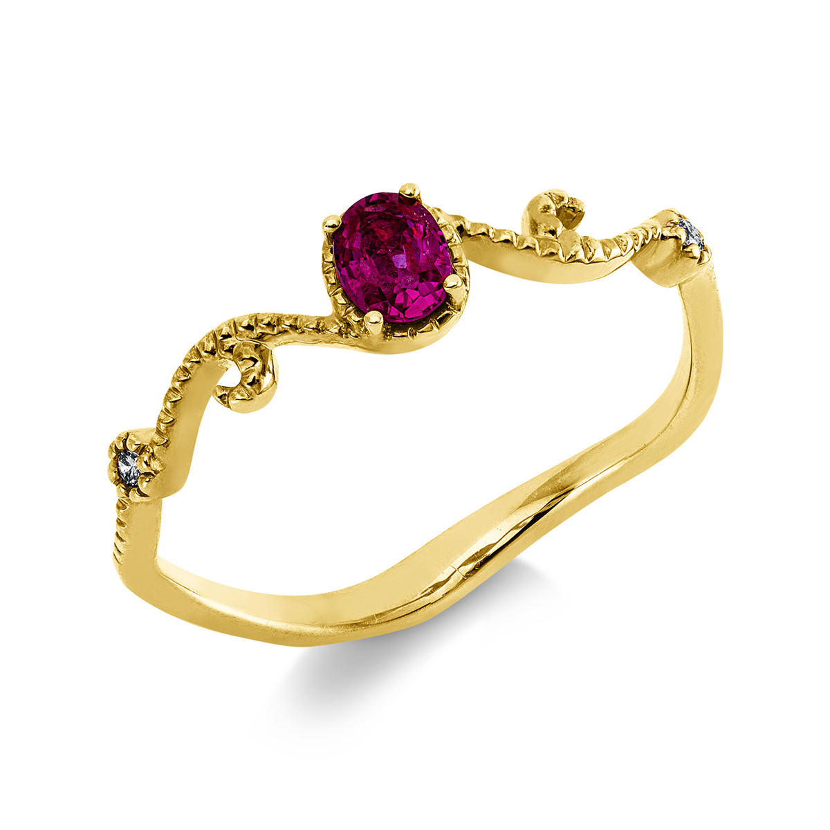 diamond full cut ruby colored stone classic ring in yellow gold