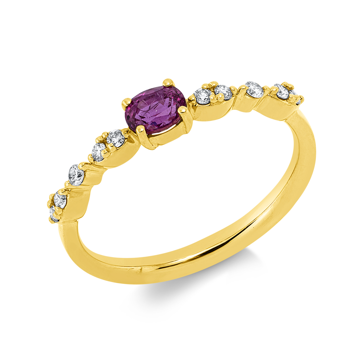 diamond full cut ruby colored stone classic ring in yellow gold