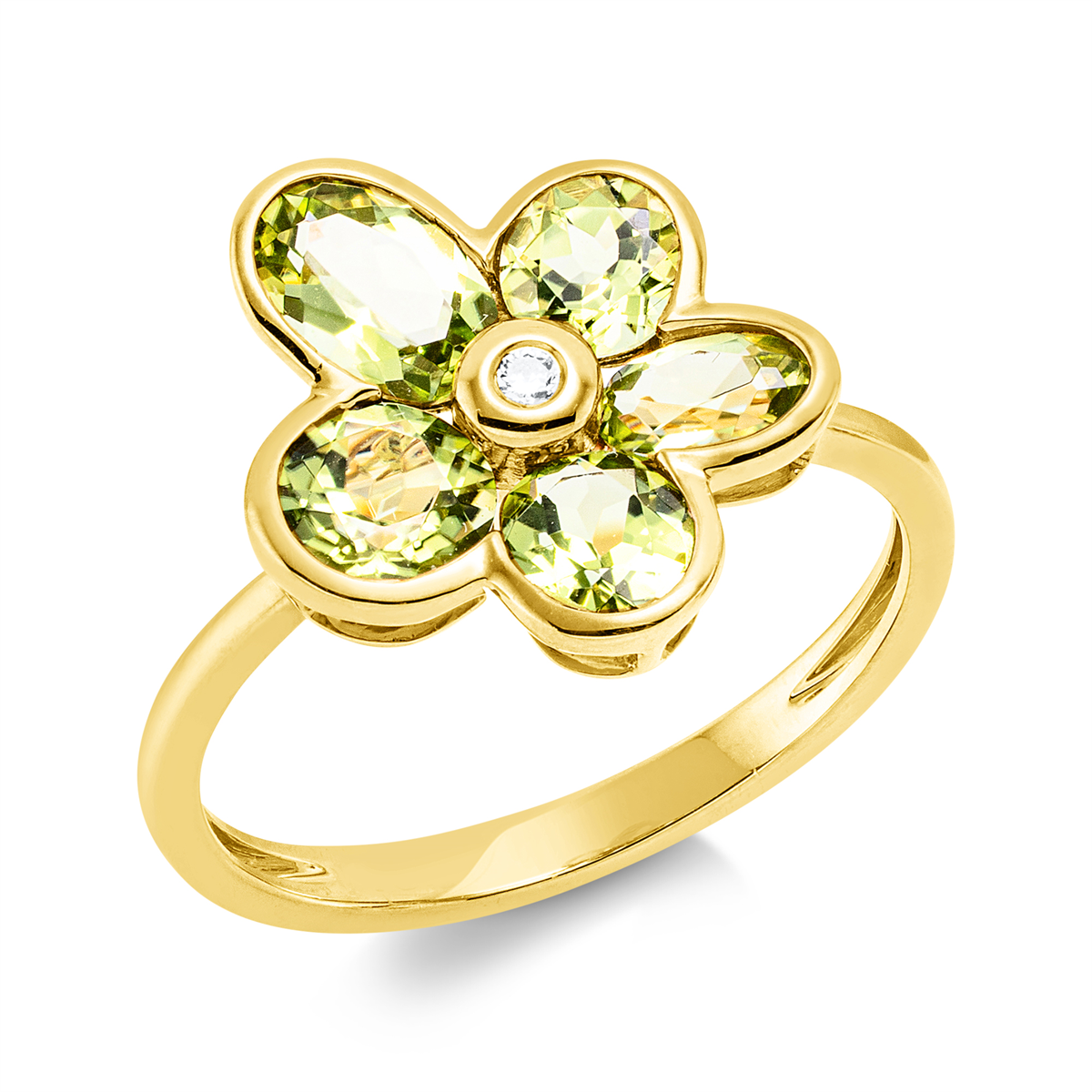 diamond full cut peridot colored stone fashion ring in yellow gold