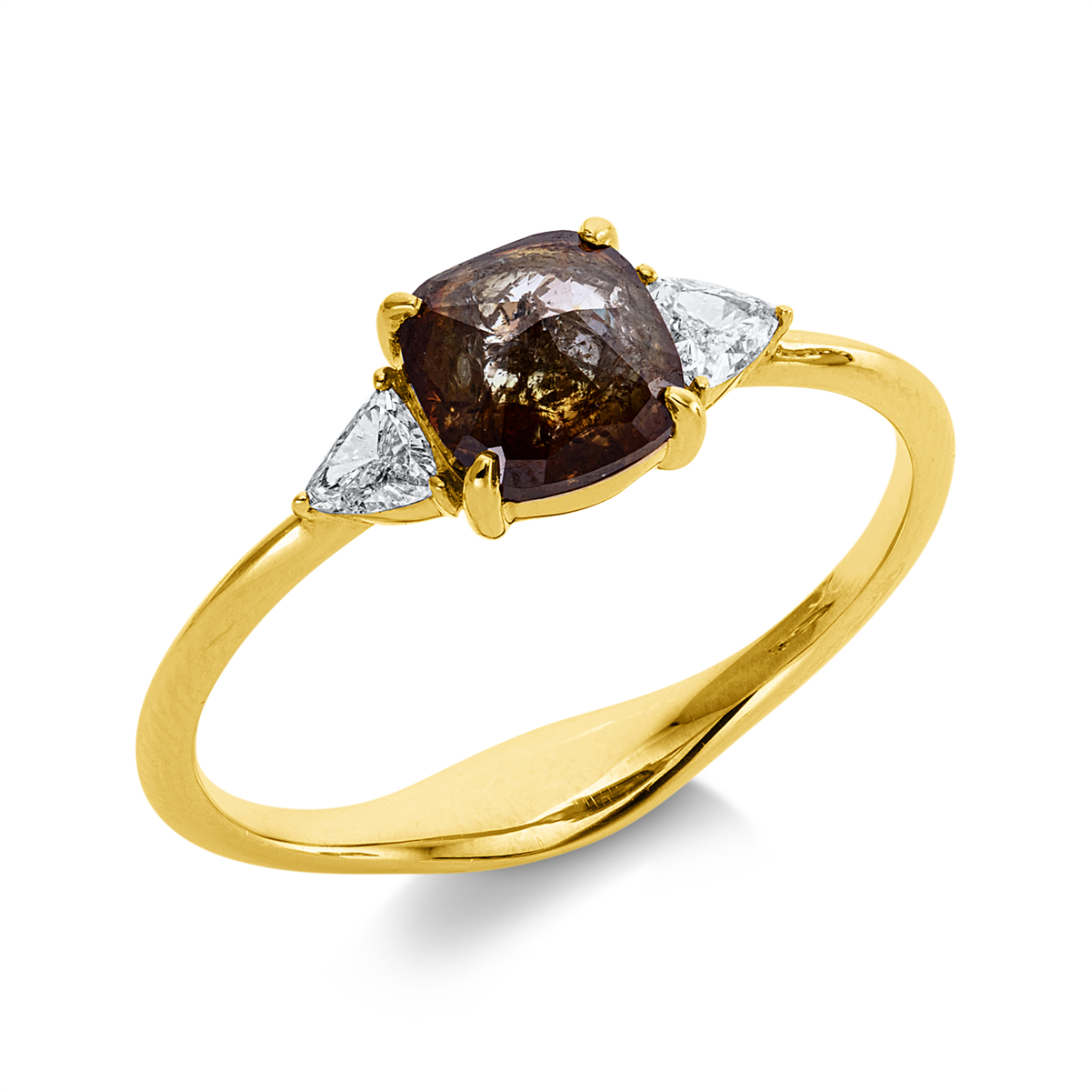 triangle cut fancy colored diamond ring in yellow gold