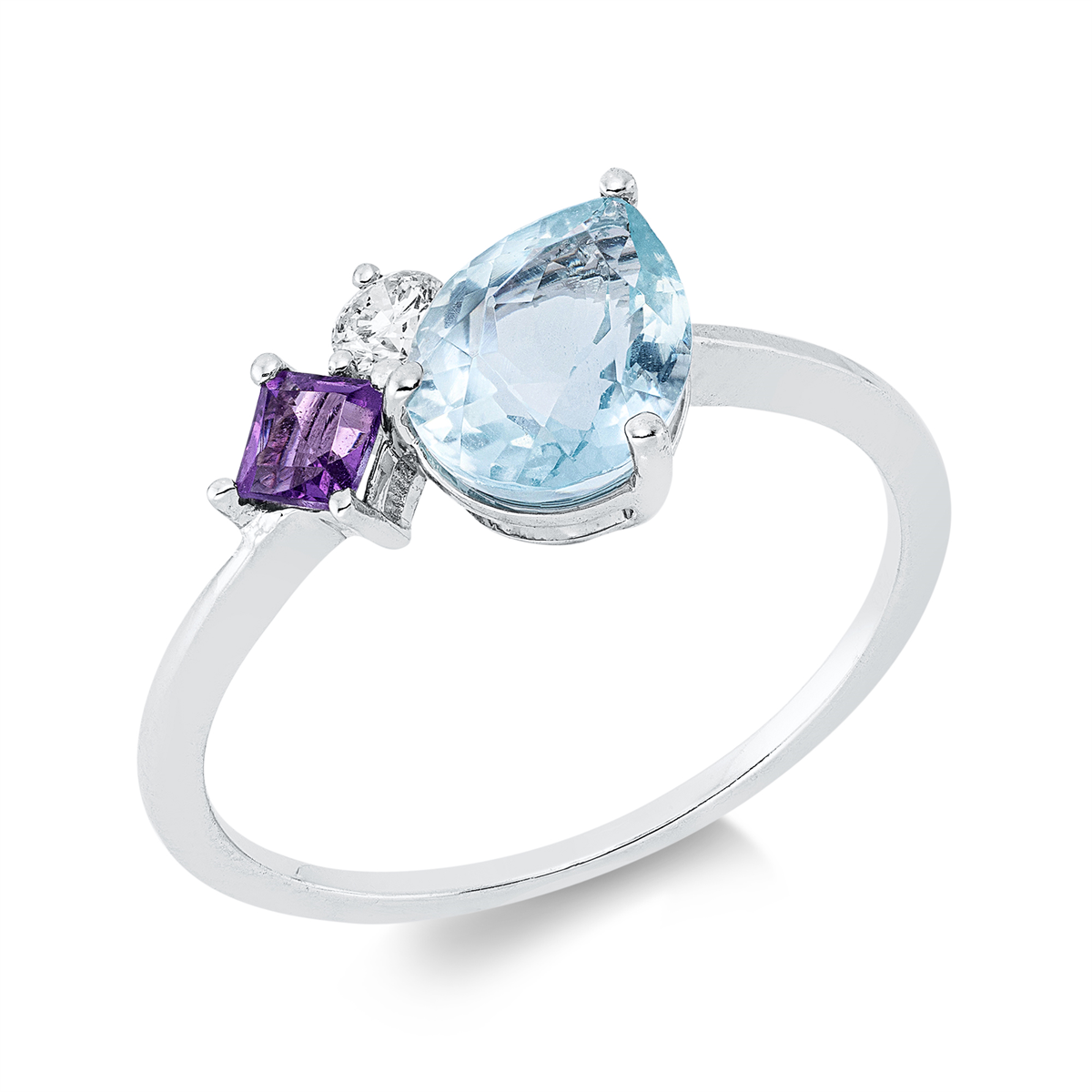 diamond full cut amethyst colored stone fashion ring in white gold