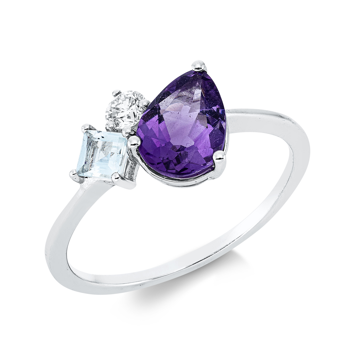 diamond full cut aquamarine colored stone fashion ring in white gold
