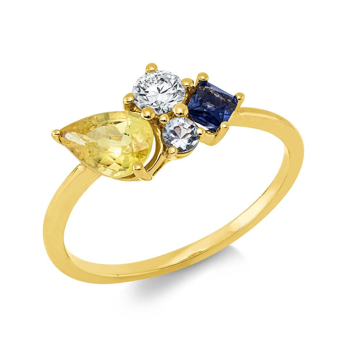 diamond full cut aquamarine colored stone fashion ring in yellow gold