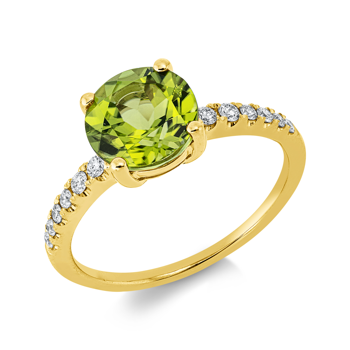 diamond full cut peridot colored stone fashion ring in yellow gold