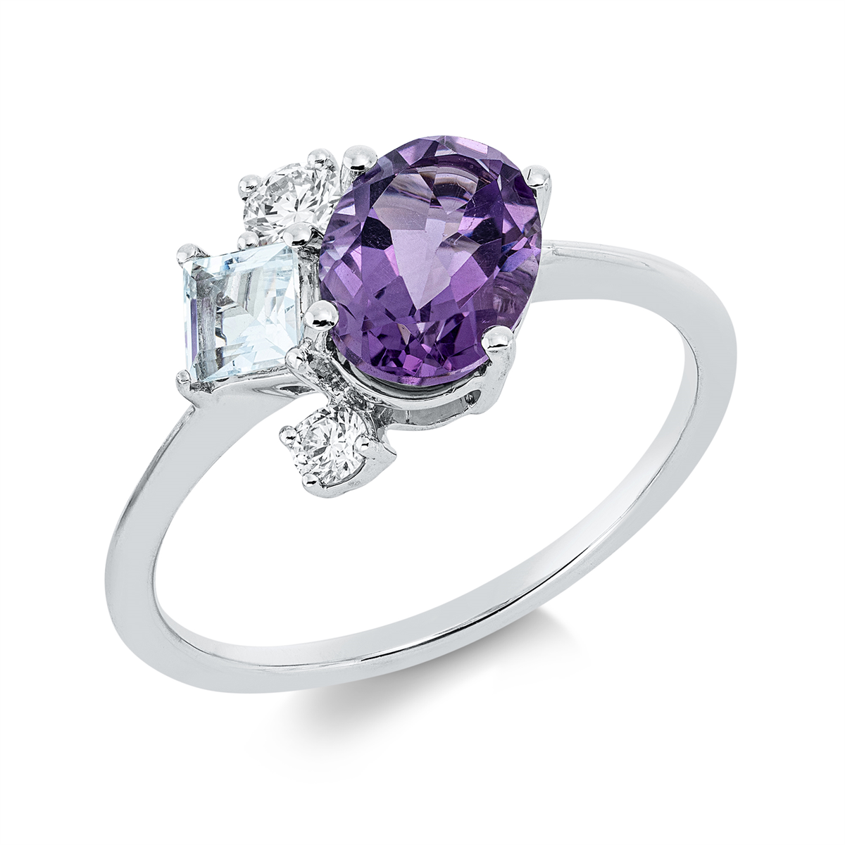 diamond full cut amethyst colored stone fashion ring in white gold