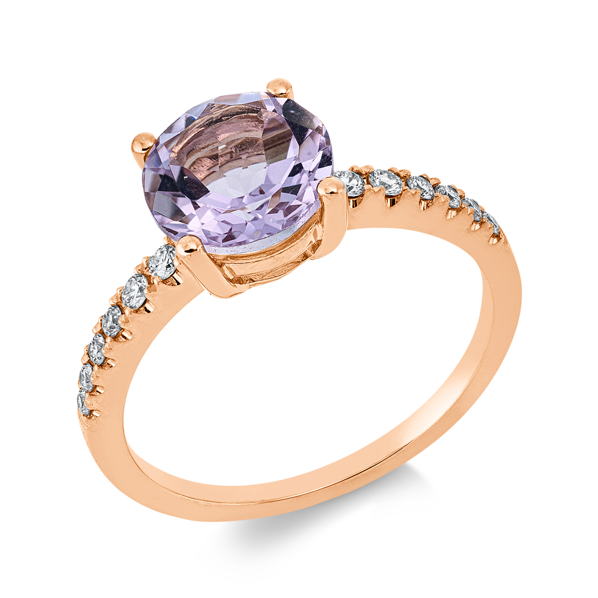 diamond full cut amethyst colored stone fashion ring in red gold