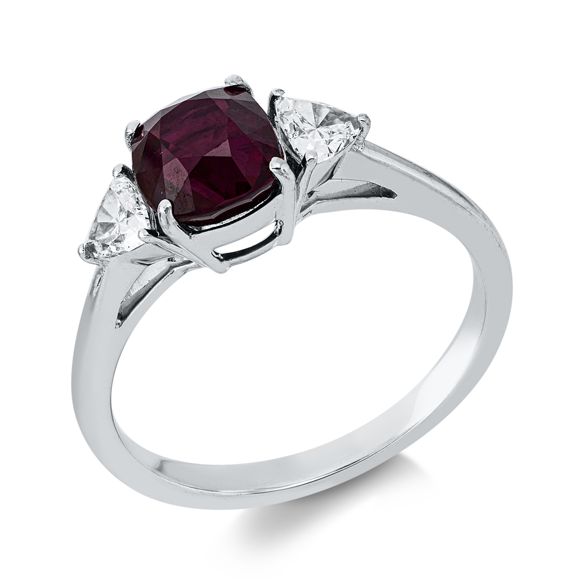 fantasy-cut ruby colored stone classic ring in white gold