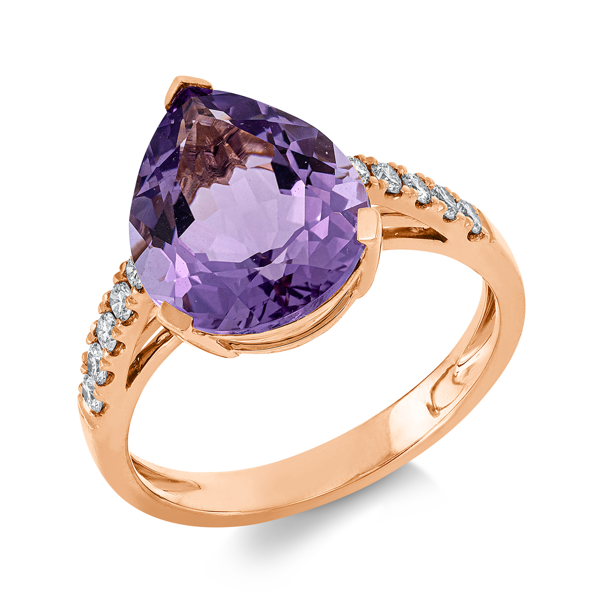 diamond full cut amethyst colored stone fashion ring in red gold