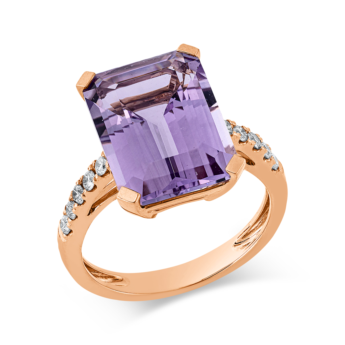diamond full cut amethyst colored stone fashion ring in red gold