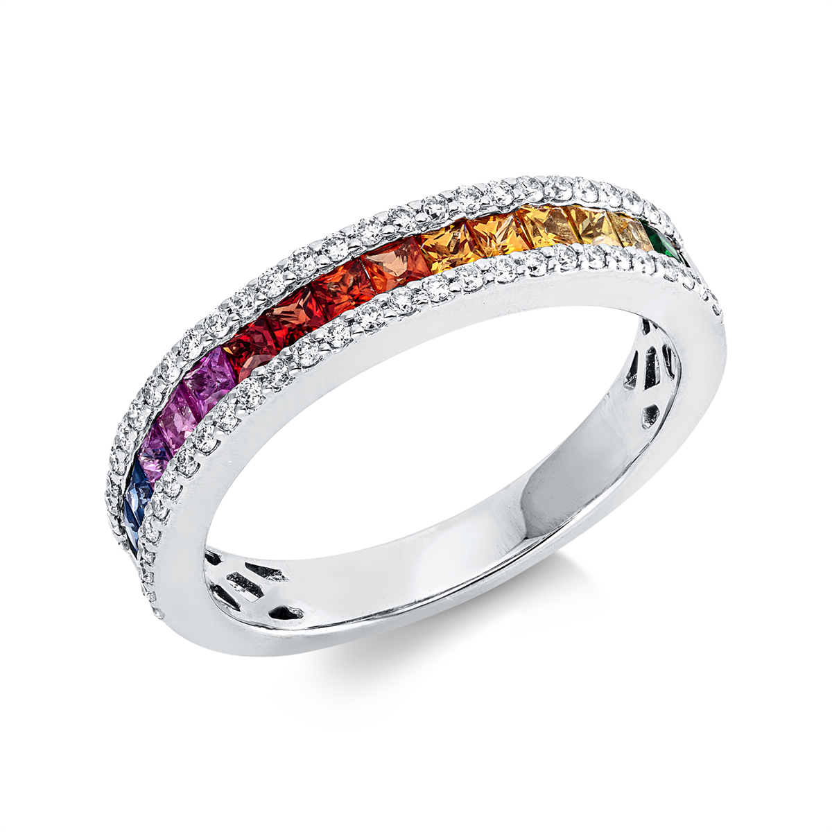 diamond full cut sapphire rainbow & multicolor ring in white gold