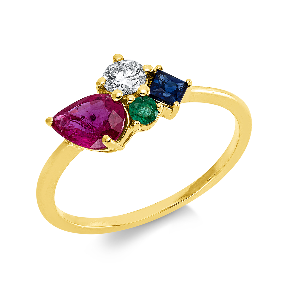 diamond full cut emerald colored stone classic ring in yellow gold