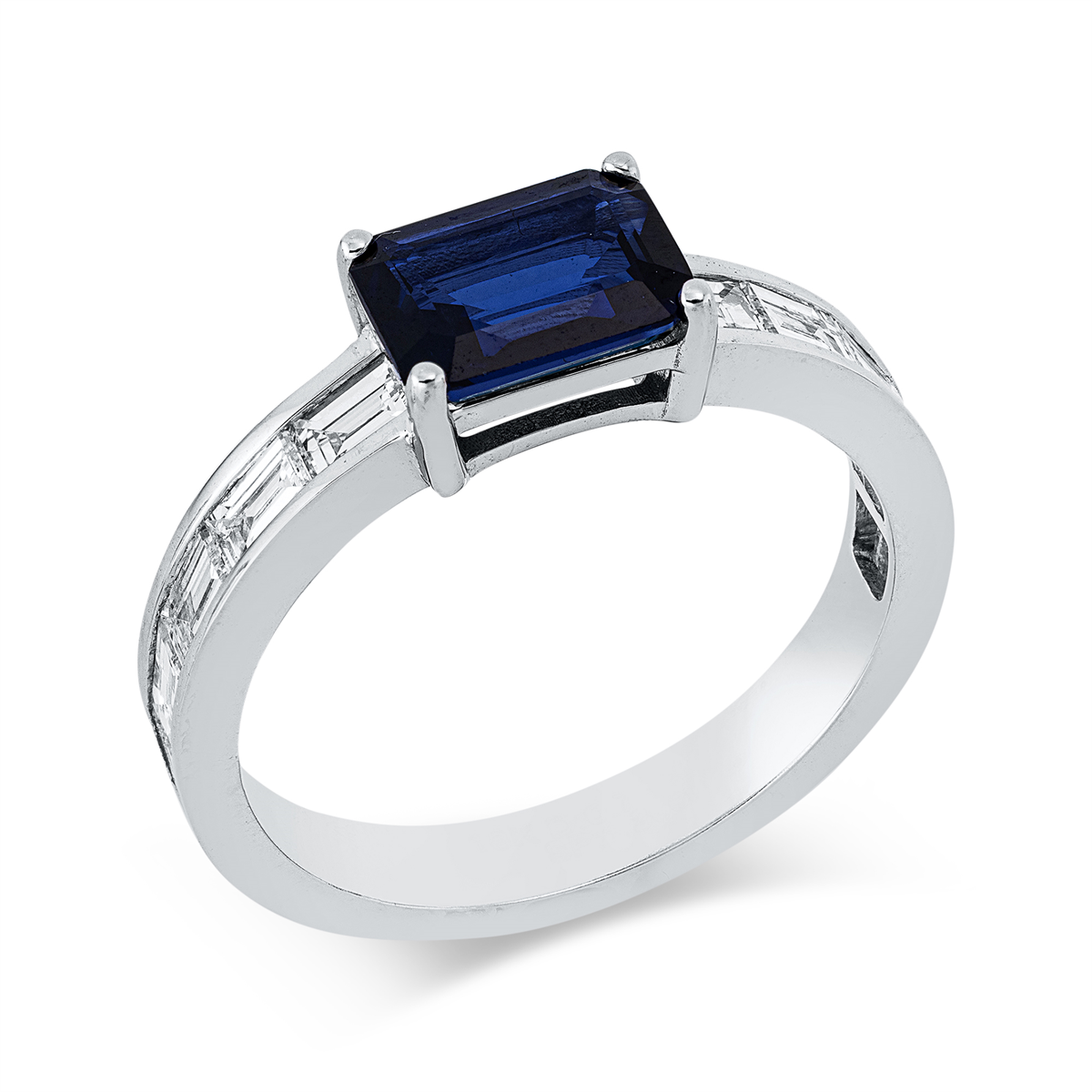 baguette sapphire colored stone classic ring in white gold