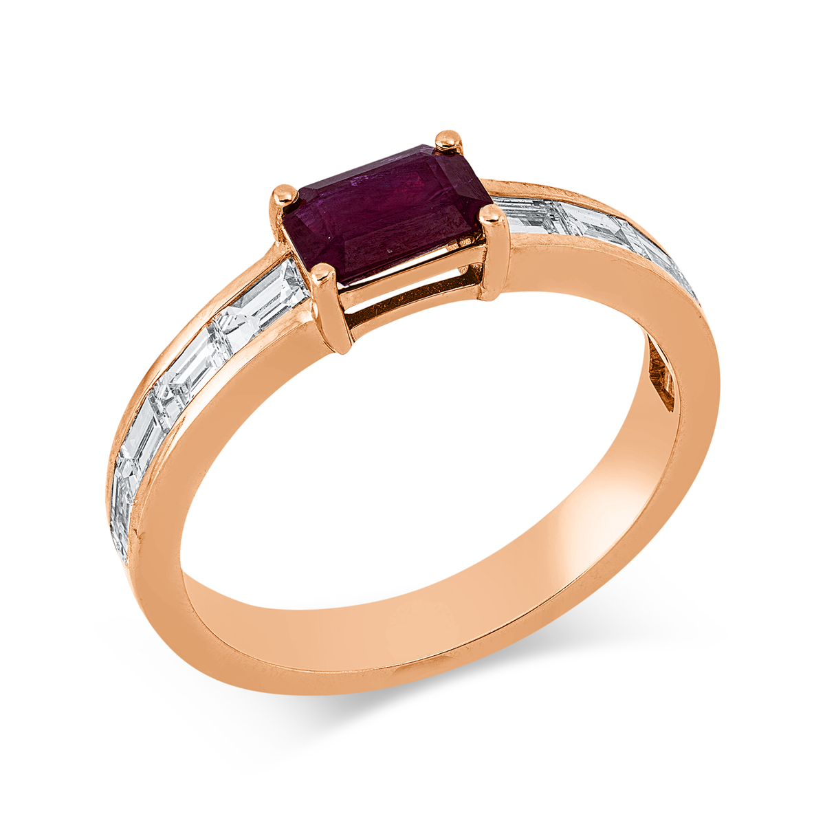 baguette ruby colored stone classic ring in red gold