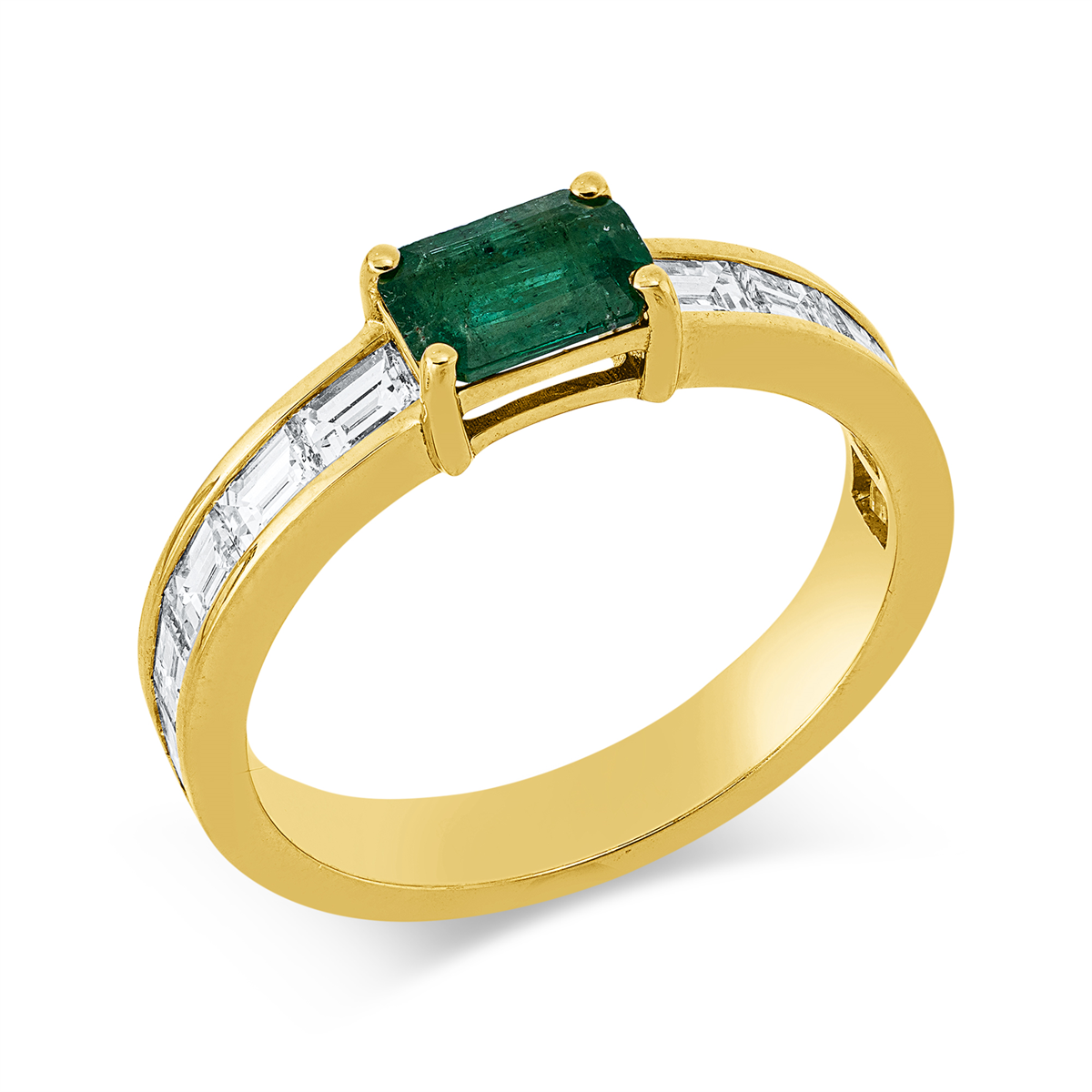 baguette emerald colored stone classic ring in yellow gold