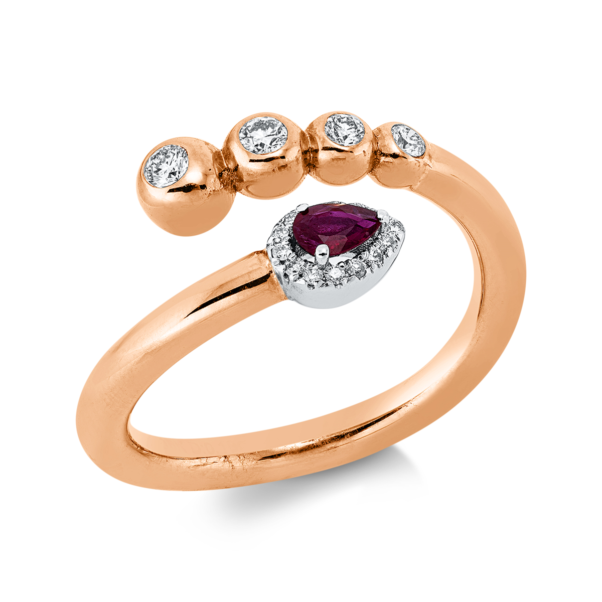 diamond full cut ruby colored stone classic ring in red gold / white gold