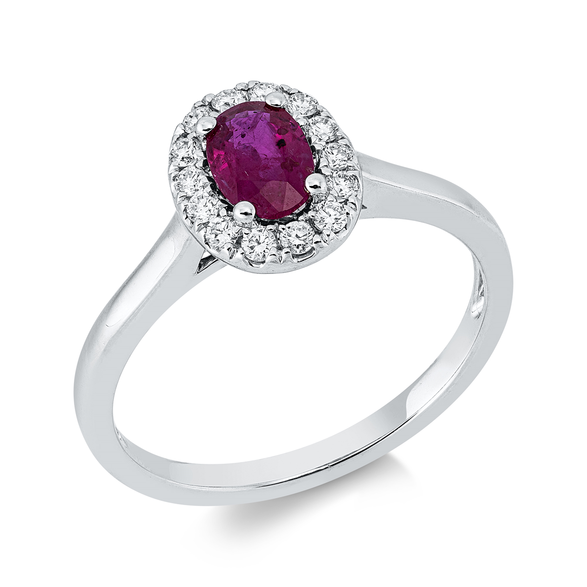 diamond full cut ruby colored stone classic ring in white gold