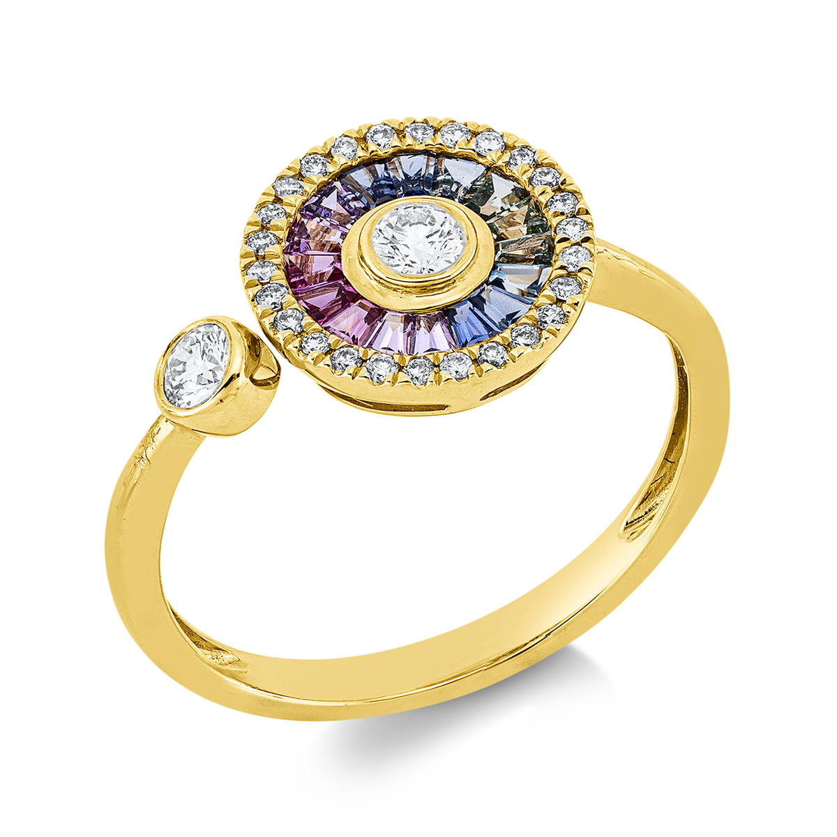 diamond full cut sapphire colored stone classic ring in yellow gold