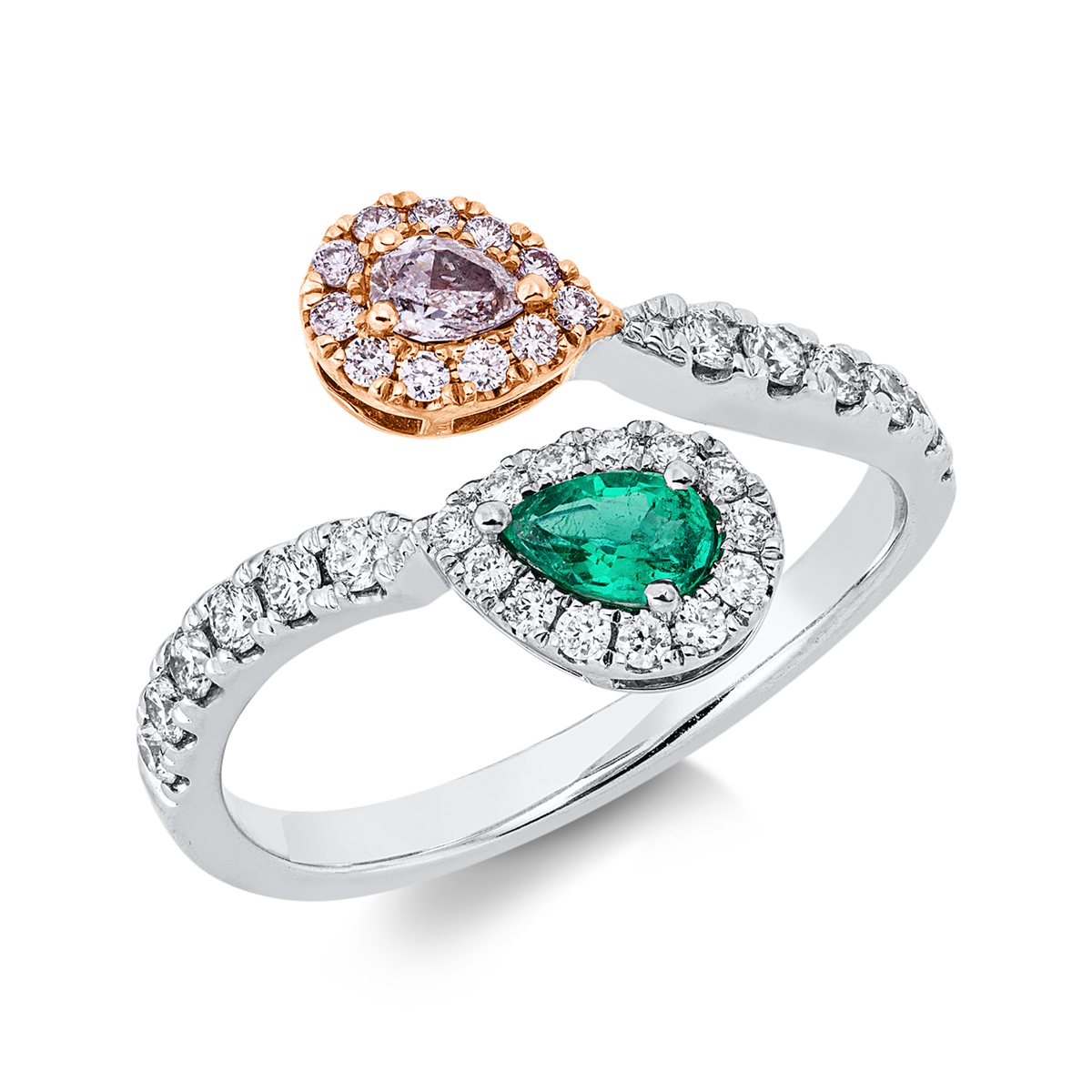 diamond full cut emerald colored stone classic ring in whitegold / rosegold