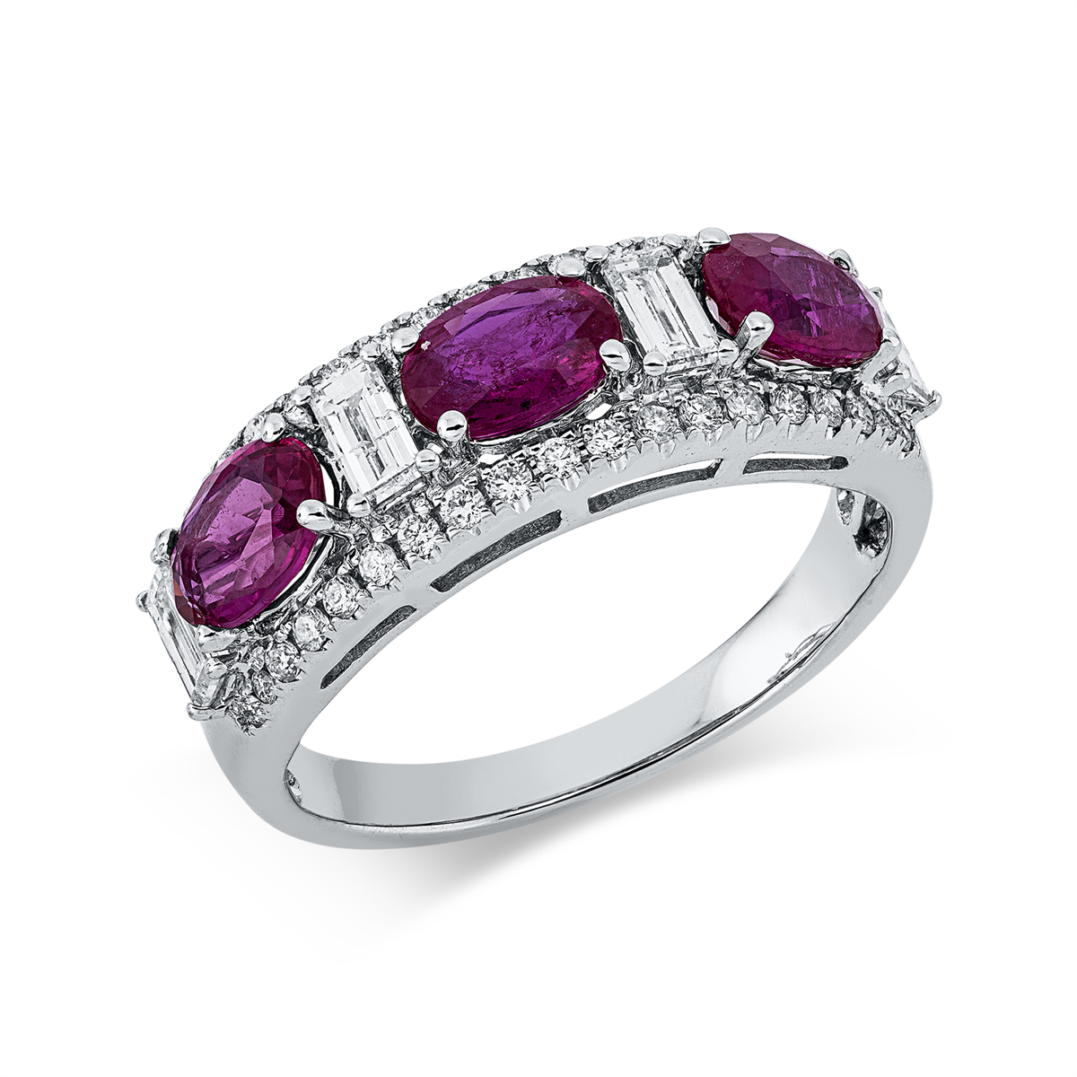 diamond full cut ruby colored stone classic ring in white gold