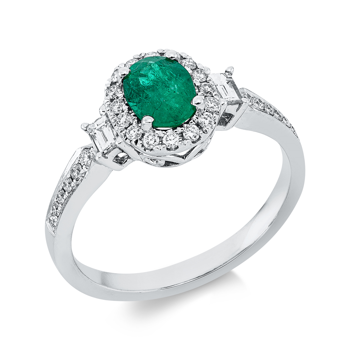 diamond full cut emerald colored stone classic ring in white gold