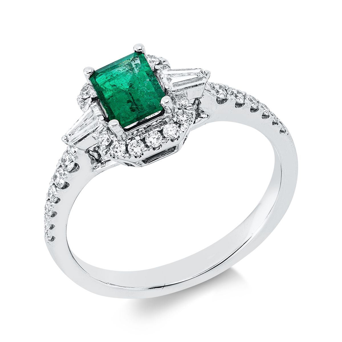 diamond full cut emerald colored stone classic ring in white gold