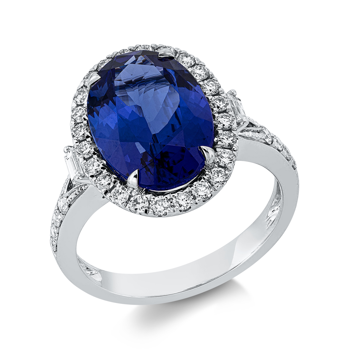 diamond full cut tanzanite colored stone classic ring in white gold