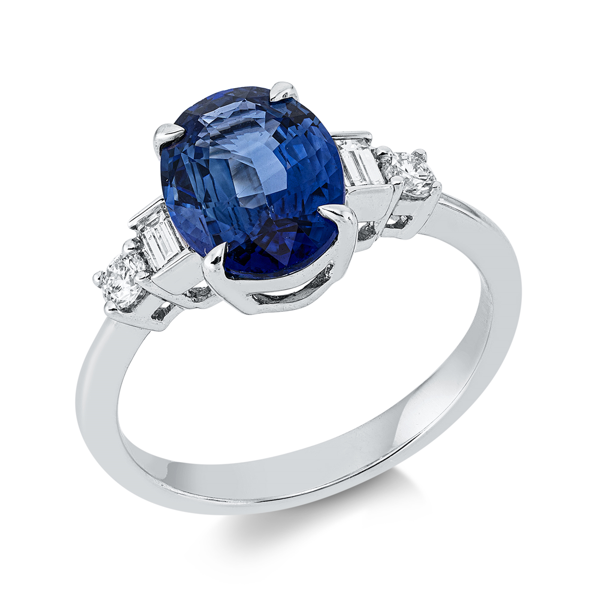 diamond full cut sapphire colored stone classic ring in white gold