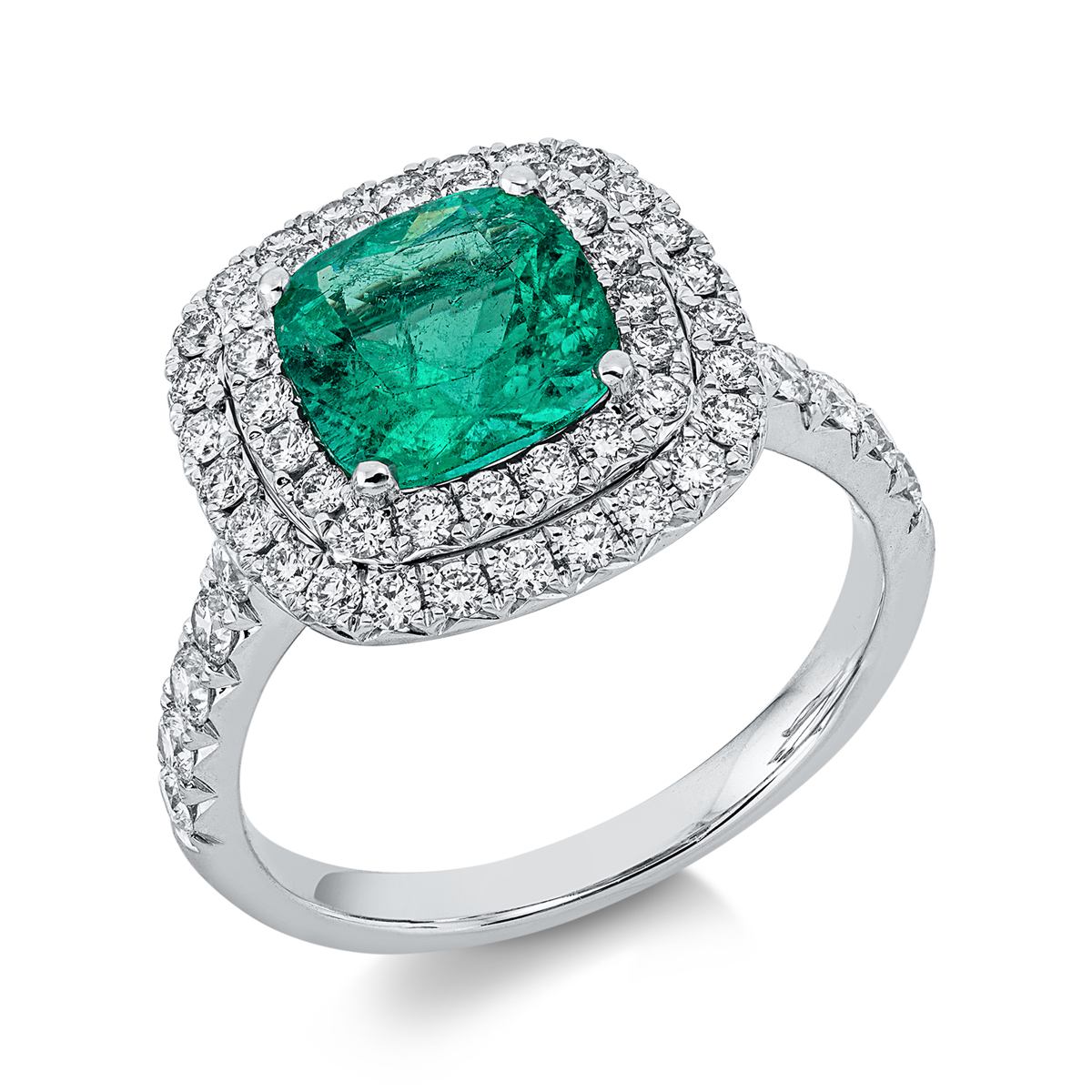 diamond full cut emerald colored stone classic ring in white gold