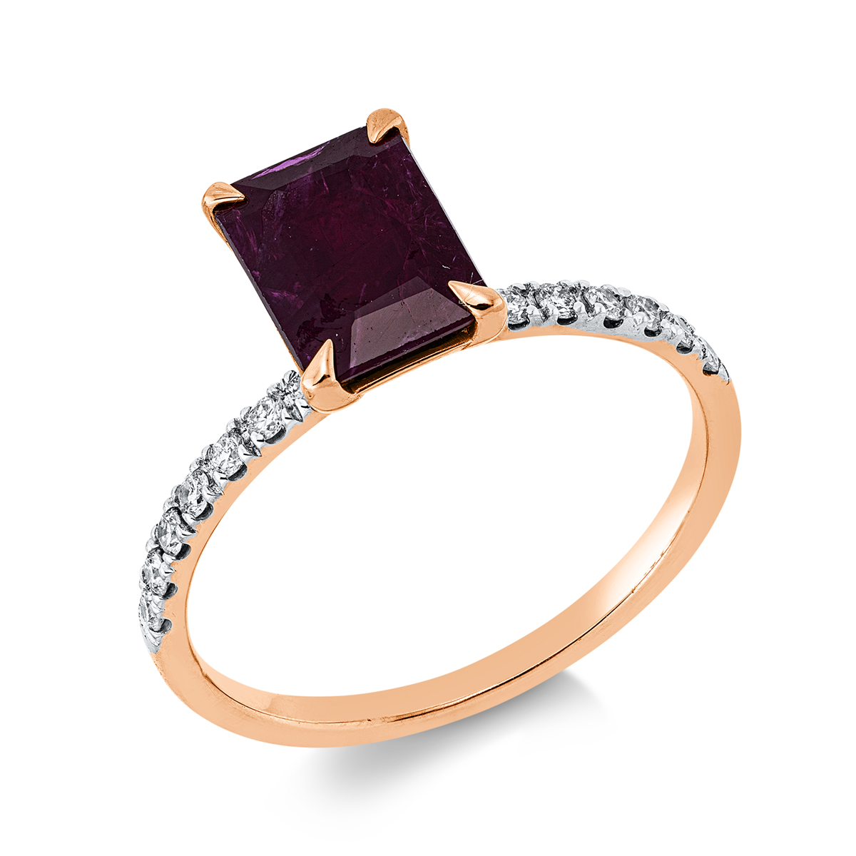 diamond full cut ruby colored stone classic ring in red gold / white gold
