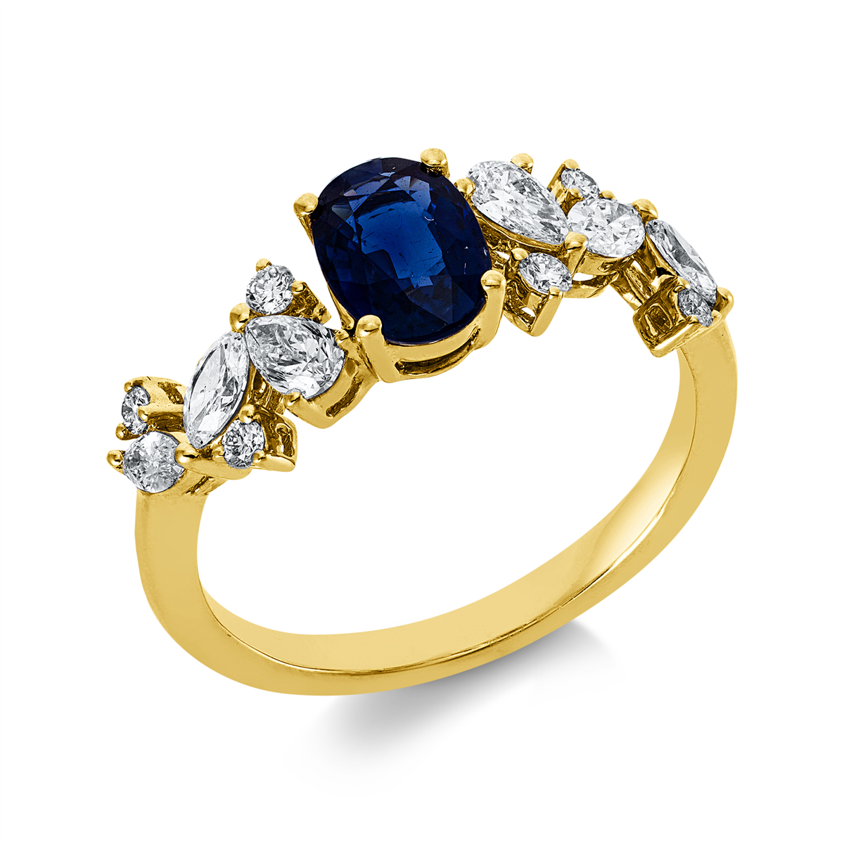 diamond full cut sapphire colored stone classic ring in yellow gold
