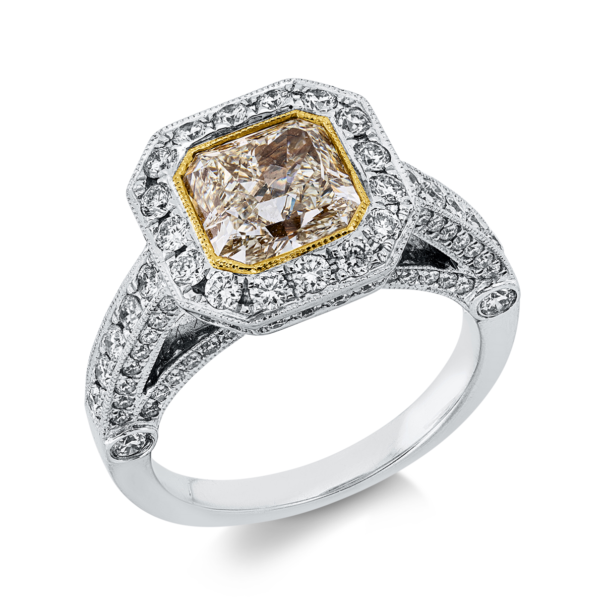 diamond full cut fancy colored diamond ring in white gold / yellow gold