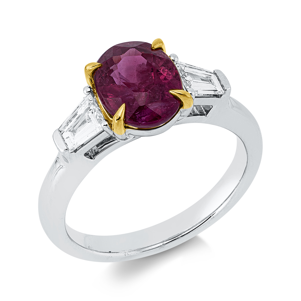 fantasy-cut ruby colored stone classic ring in white gold / yellow gold