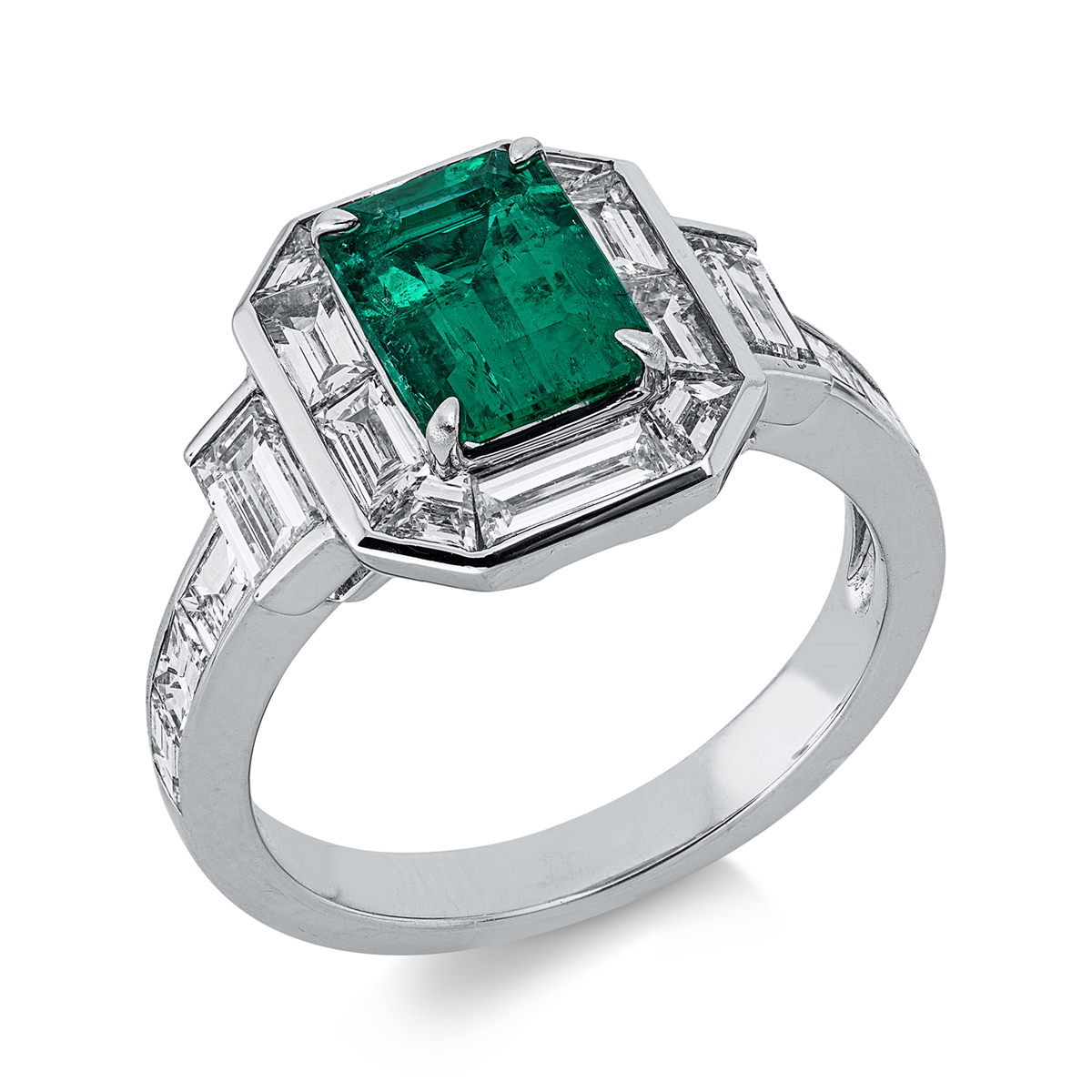 fantasy-cut emerald colored stone classic ring in white gold