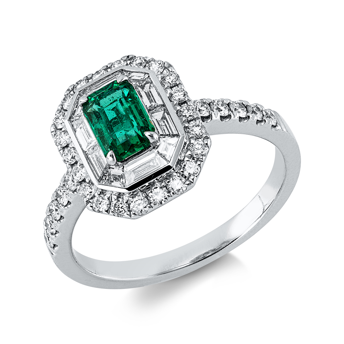 diamond full cut emerald colored stone classic ring in white gold