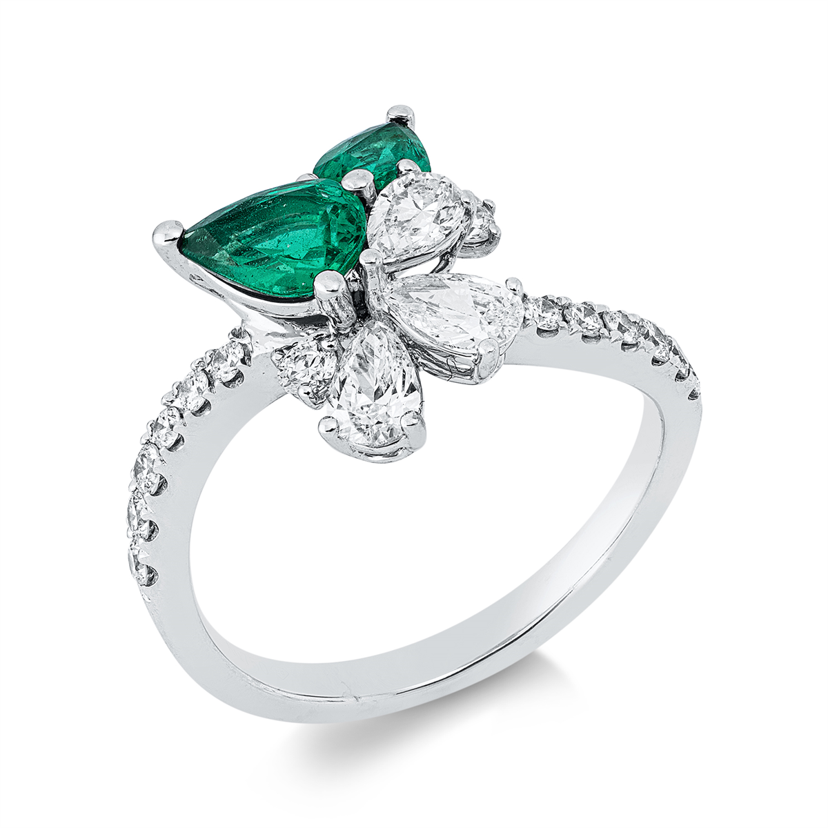 diamond full cut emerald colored stone classic ring in white gold